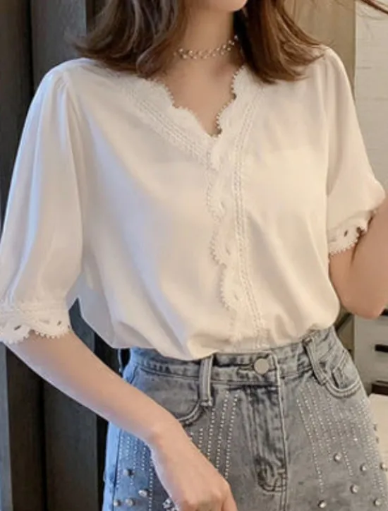 Online Women's Blouse Solid Color Stylish Basic Casual Short Sleeve Shirt Collar Regular Tops Daily Patchwork Buttons Lace Trim Summer Women Lace Tops