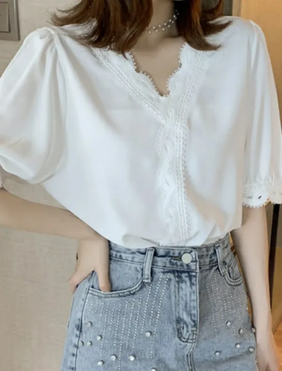 Online Women's Blouse Solid Color Stylish Basic Casual Short Sleeve Shirt Collar Regular Tops Daily Patchwork Buttons Lace Trim Summer Women Lace Tops