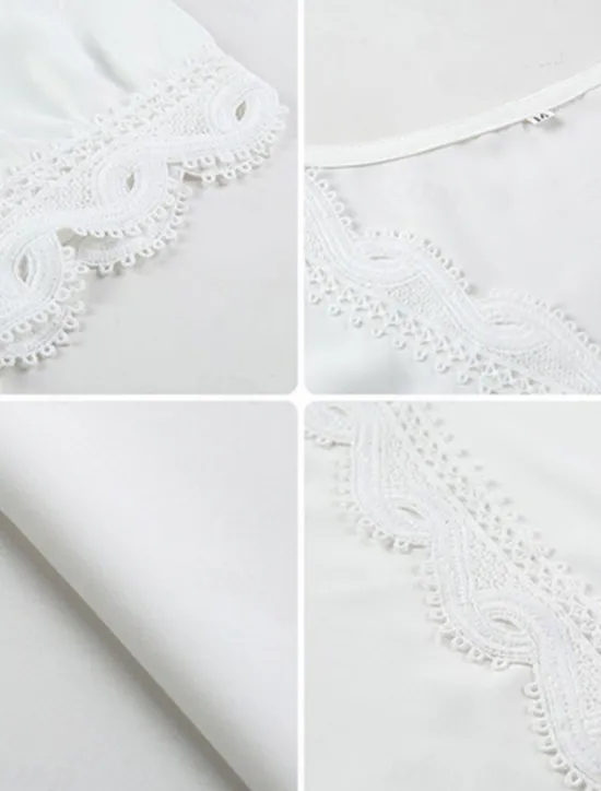 Online Women's Blouse Solid Color Stylish Basic Casual Short Sleeve Shirt Collar Regular Tops Daily Patchwork Buttons Lace Trim Summer Women Lace Tops