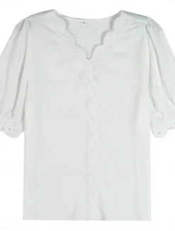 Online Women's Blouse Solid Color Stylish Basic Casual Short Sleeve Shirt Collar Regular Tops Daily Patchwork Buttons Lace Trim Summer Women Lace Tops