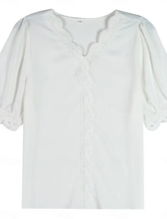 Online Women's Blouse Solid Color Stylish Basic Casual Short Sleeve Shirt Collar Regular Tops Daily Patchwork Buttons Lace Trim Summer Women Lace Tops