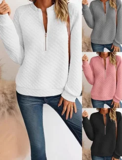 Clearance Women's Blouse Solid Color Daily Stylish Casual Long Sleeve Crew Neck Regular Tops Work Daily Holiday Quarter Zip Black White Pink Grey Spring Fall Winter Women Hoodies & Sweatshirts