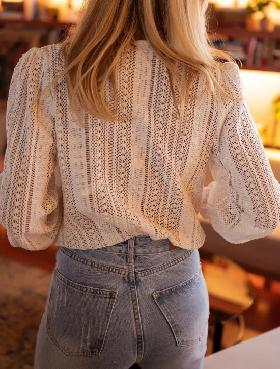 Women's Blouse Solid Color Stylish Casual Long Sleeve V Neck Regular Tops Daily Lace Patchwork Summer Spring Women Lace Tops