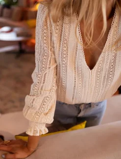 Women's Blouse Solid Color Stylish Casual Long Sleeve V Neck Regular Tops Daily Lace Patchwork Summer Spring Women Lace Tops