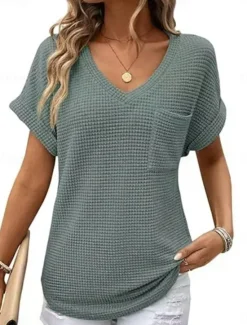 Sale Women's Blouse Solid Color Stylish Casual Short Sleeve V Neck Regular Tops Daily Pocket Black White Pink Green Summer Women T-Shirts