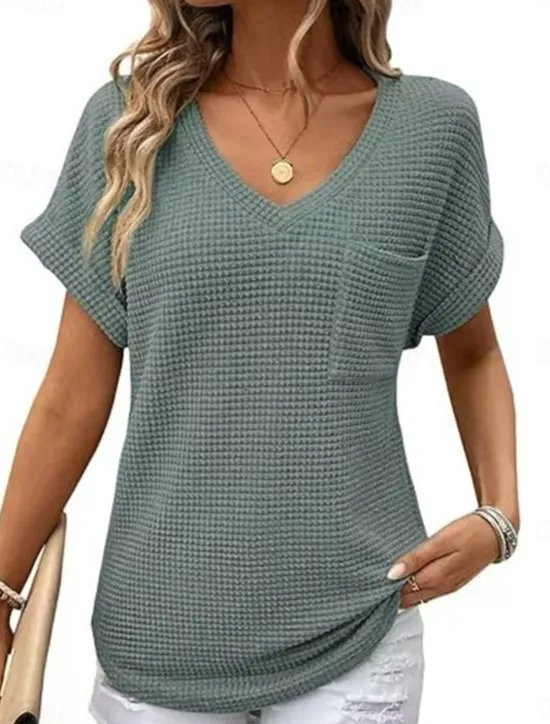 Sale Women's Blouse Solid Color Stylish Casual Short Sleeve V Neck Regular Tops Daily Pocket Black White Pink Green Summer Women T-Shirts
