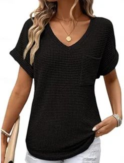 Sale Women's Blouse Solid Color Stylish Casual Short Sleeve V Neck Regular Tops Daily Pocket Black White Pink Green Summer Women T-Shirts