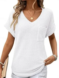 Sale Women's Blouse Solid Color Stylish Casual Short Sleeve V Neck Regular Tops Daily Pocket Black White Pink Green Summer Women T-Shirts