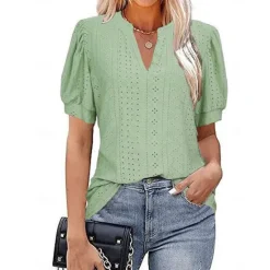 New Women's Blouse Solid Color Elegant Daily Stylish Short Sleeve V Neck Regular Tops Daily Holiday Going out Patchwork White Pink Green Summer Spring Women Lace Tops