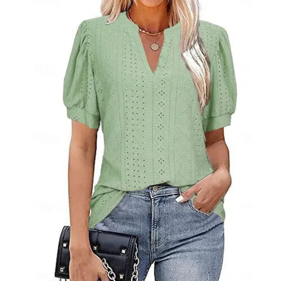 New Women's Blouse Solid Color Elegant Daily Stylish Short Sleeve V Neck Regular Tops Daily Holiday Going out Patchwork White Pink Green Summer Spring Women Lace Tops