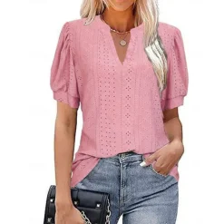 New Women's Blouse Solid Color Elegant Daily Stylish Short Sleeve V Neck Regular Tops Daily Holiday Going out Patchwork White Pink Green Summer Spring Women Lace Tops