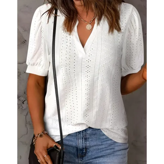New Women's Blouse Solid Color Elegant Daily Stylish Short Sleeve V Neck Regular Tops Daily Holiday Going out Patchwork White Pink Green Summer Spring Women Lace Tops