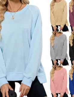 New Women's Blouse Solid Color Stylish Casual Long Sleeve Crew Neck Regular Tops Daily Pink Blue Khaki Gray Summer Spring Women Hoodies & Sweatshirts