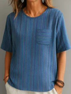 New Women's Blouse Striped Stylish Casual Half Sleeve Crew Neck Regular Tops Daily Print Blue Green Khaki Summer Spring Fall Women Blouses & Shirts