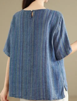 New Women's Blouse Striped Stylish Casual Half Sleeve Crew Neck Regular Tops Daily Print Blue Green Khaki Summer Spring Fall Women Blouses & Shirts