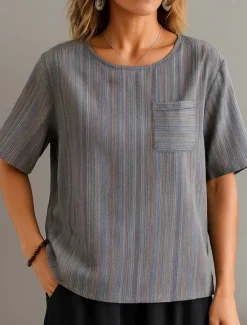 New Women's Blouse Striped Stylish Casual Half Sleeve Crew Neck Regular Tops Daily Print Blue Green Khaki Summer Spring Fall Women Blouses & Shirts