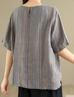 New Women's Blouse Striped Stylish Casual Half Sleeve Crew Neck Regular Tops Daily Print Blue Green Khaki Summer Spring Fall Women Blouses & Shirts