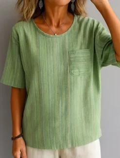 New Women's Blouse Striped Stylish Casual Half Sleeve Crew Neck Regular Tops Daily Print Blue Green Khaki Summer Spring Fall Women Blouses & Shirts