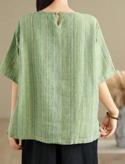 New Women's Blouse Striped Stylish Casual Half Sleeve Crew Neck Regular Tops Daily Print Blue Green Khaki Summer Spring Fall Women Blouses & Shirts