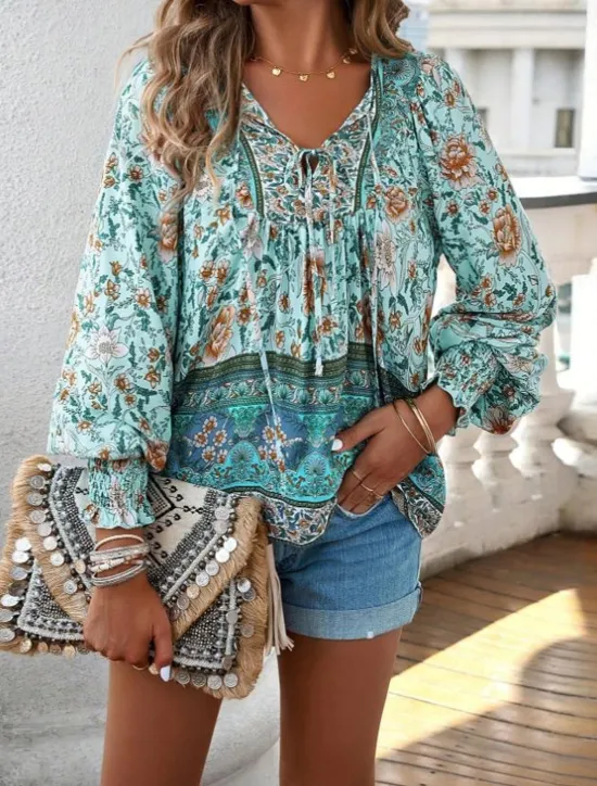 Online Women's Blouse Stylish Boho Floral Tie Front Lantern Sleeve Long Sleeve Tie Neck Daily Pink Navy Blue Orange Green Summer Women Boho Tops