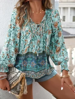 Online Women's Blouse Stylish Boho Floral Tie Front Lantern Sleeve Long Sleeve Tie Neck Daily Pink Navy Blue Orange Green Summer Women Boho Tops