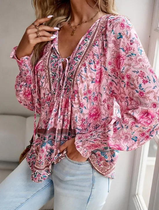 Online Women's Blouse Stylish Boho Floral Tie Front Lantern Sleeve Long Sleeve Tie Neck Daily Pink Navy Blue Orange Green Summer Women Boho Tops