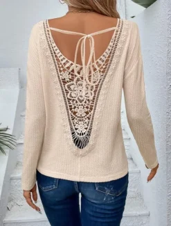 Sale Women's Blouse Stylish Modern Lace Backless Long Sleeve Regular Tops V Neck Work Daily Spring Fall Women Blouses & Shirts|T-Shirts