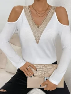 Best Women's Blouse Stylish Modern Cut Out Long Sleeve Regular Tops V Neck Work Daily Black White Spring Fall Women Lace Tops