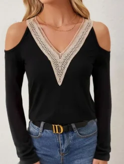 Best Women's Blouse Stylish Modern Cut Out Long Sleeve Regular Tops V Neck Work Daily Black White Spring Fall Women Lace Tops