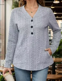 Outlet Women's Blouse Stylish Modern Long Sleeve Regular Tops V Neck Work Daily Black Light Grey Spring Fall Women Hoodies & Sweatshirts