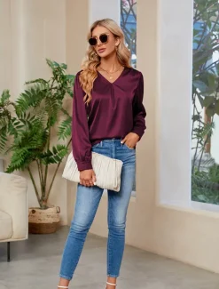 Clearance Women's Blouse Stylish Modern Long Sleeve Regular Tops V Neck Party Work Black Red Green Khaki Fall Winter Women Blouses & Shirts