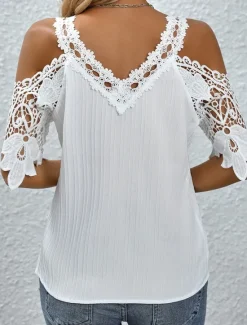 Best Women's Blouse Stylish Modern Solid Color Lace Short Sleeve Daily Sky Blue Summer Women Lace Tops