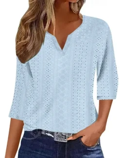 Discount Women's Blouse Stylish Modern Hollow Out 3/4 Length Sleeve Regular Tops V Neck Work Daily Yellow Blue Purple Green Spring Fall Women T-Shirts