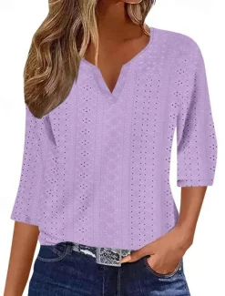Discount Women's Blouse Stylish Modern Hollow Out 3/4 Length Sleeve Regular Tops V Neck Work Daily Yellow Blue Purple Green Spring Fall Women T-Shirts