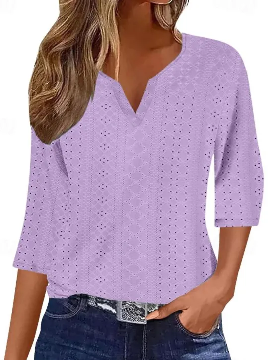 Discount Women's Blouse Stylish Modern Hollow Out 3/4 Length Sleeve Regular Tops V Neck Work Daily Yellow Blue Purple Green Spring Fall Women T-Shirts