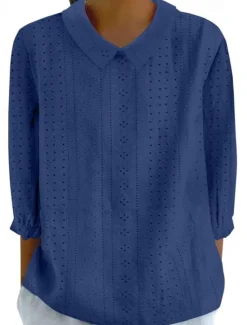 Outlet Women's Blouse Stylish Modern Hollow Out 3/4 Length Sleeve Regular Tops Shirt Collar Work Daily Yellow Blue Sky Blue Green Spring Fall Women Lace Tops