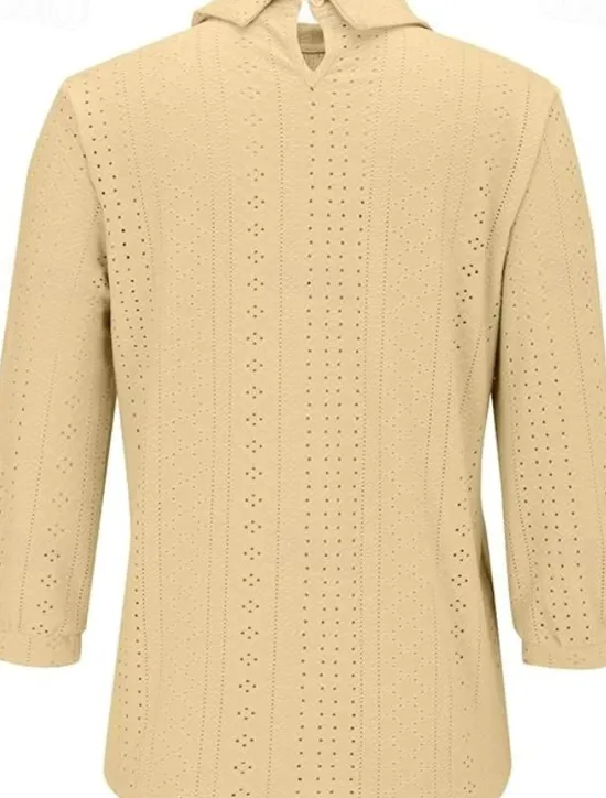 Outlet Women's Blouse Stylish Modern Hollow Out 3/4 Length Sleeve Regular Tops Shirt Collar Work Daily Yellow Blue Sky Blue Green Spring Fall Women Lace Tops
