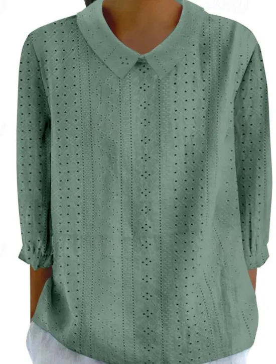 Outlet Women's Blouse Stylish Modern Hollow Out 3/4 Length Sleeve Regular Tops Shirt Collar Work Daily Yellow Blue Sky Blue Green Spring Fall Women Lace Tops