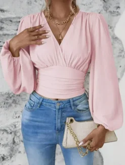 Best Women's Blouse Stylish Modern Solid Color Ruched Bell Sleeve Long Sleeve V Neck Work Daily Black White Pink Green Spring Fall Winter Women Blouses & Shirts