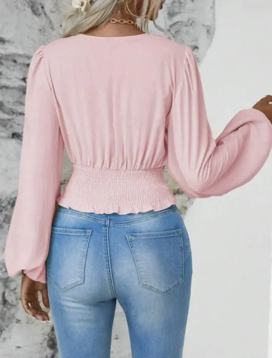 Best Women's Blouse Stylish Modern Solid Color Ruched Bell Sleeve Long Sleeve V Neck Work Daily Black White Pink Green Spring Fall Winter Women Blouses & Shirts