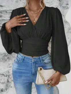 Best Women's Blouse Stylish Modern Solid Color Ruched Bell Sleeve Long Sleeve V Neck Work Daily Black White Pink Green Spring Fall Winter Women Blouses & Shirts