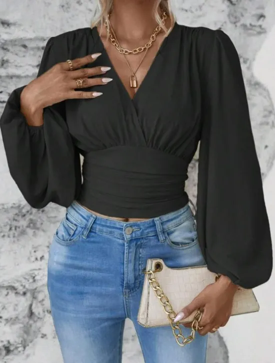 Best Women's Blouse Stylish Modern Solid Color Ruched Bell Sleeve Long Sleeve V Neck Work Daily Black White Pink Green Spring Fall Winter Women Blouses & Shirts