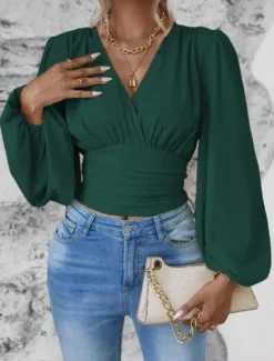Best Women's Blouse Stylish Modern Solid Color Ruched Bell Sleeve Long Sleeve V Neck Work Daily Black White Pink Green Spring Fall Winter Women Blouses & Shirts