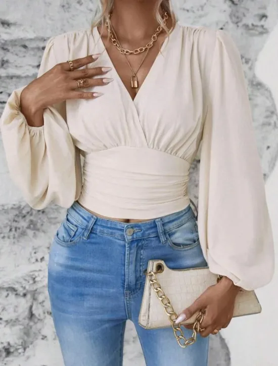 Best Women's Blouse Stylish Modern Solid Color Ruched Bell Sleeve Long Sleeve V Neck Work Daily Black White Pink Green Spring Fall Winter Women Blouses & Shirts