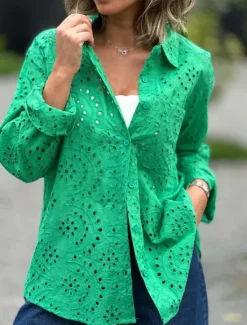 Best Women's Blouse Stylish Solid Color Hollow Out Long Sleeve Regular Tops Shirt Collar Daily White Red Purple Green Spring Fall Women Lace Tops