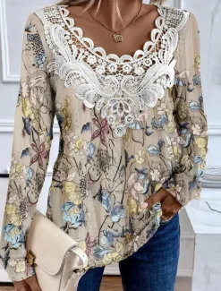 Outlet Women's Blouse Tunic Lace Splicing V Neck Long Sleeve Floral Lace Patchwork Print Regular Tops Round Neck Casual Purple Green Khaki Spring & Fall Prefall Women Spring Tops|Tunic Tops