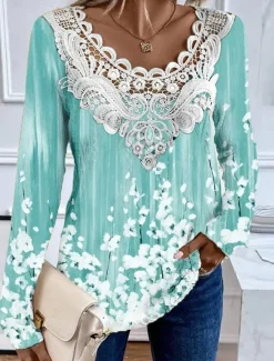 Outlet Women's Blouse Tunic Lace Splicing V Neck Long Sleeve Floral Lace Patchwork Print Regular Tops Round Neck Casual Purple Green Khaki Spring & Fall Prefall Women Spring Tops|Tunic Tops
