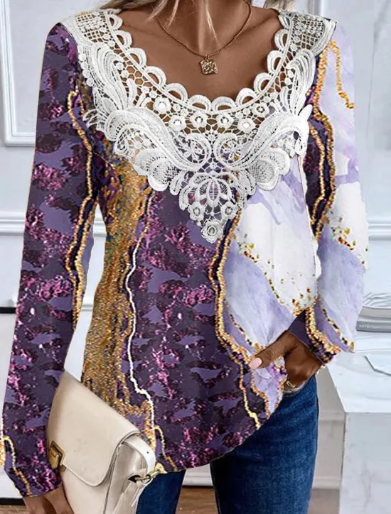 Outlet Women's Blouse Tunic Lace Splicing V Neck Long Sleeve Floral Lace Patchwork Print Regular Tops Round Neck Casual Purple Green Khaki Spring & Fall Prefall Women Spring Tops|Tunic Tops