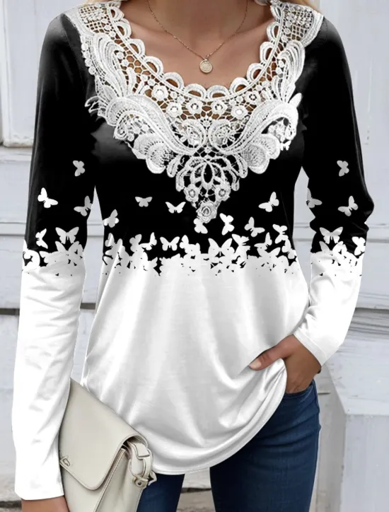 Clearance Women's Blouse Tunic Lace Splicing V Neck Long Sleeve Butterfly Abstract Lace Patchwork Print Regular Tops Round Neck Casual Black White Blue Khaki Gray Spring & Fall Prefall Women Tunic Tops