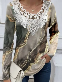 Clearance Women's Blouse Tunic Lace Splicing V Neck Long Sleeve Butterfly Abstract Lace Patchwork Print Regular Tops Round Neck Casual Black White Blue Khaki Gray Spring & Fall Prefall Women Tunic Tops